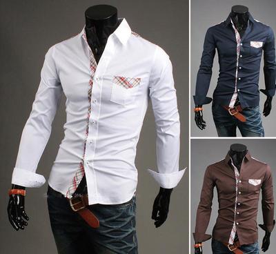 【全球新款ebay外貿(mào)男裝歐美修身男士長袖襯衫韓版潮流格子拼接】價(jià)格_廠家_圖片 -